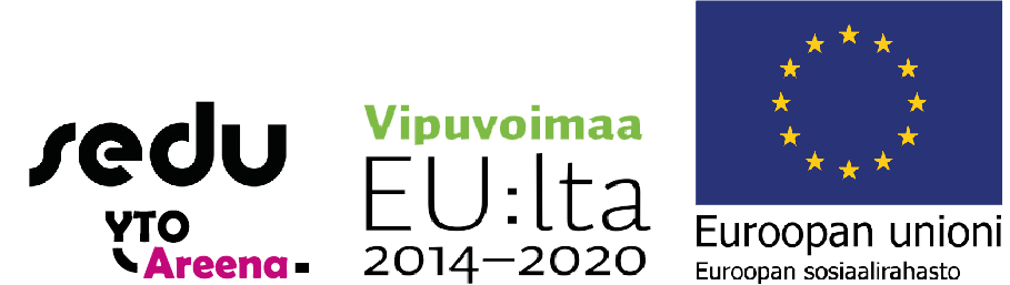 YTO-Areena-hankkeen logot: Sedu YTO-Areena, Vipuvoimaa EU:lta, Euroopan sosiaalirahasto